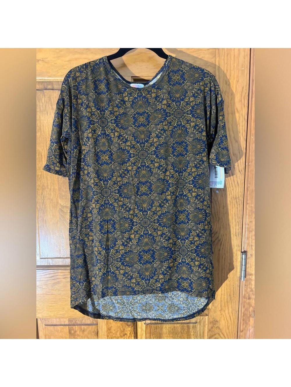 LuLaRoe Irma Tunic Top Shirt Fitted Sleeves High Low Loose Blue Gold XXS NWT